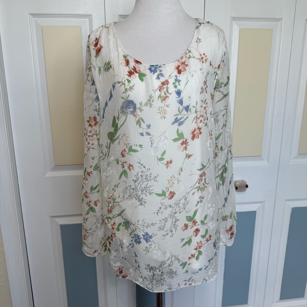 NWT Elena Baldi Made in Italy 100% Silk Cream Floral Lined Tunic‎ Sz L